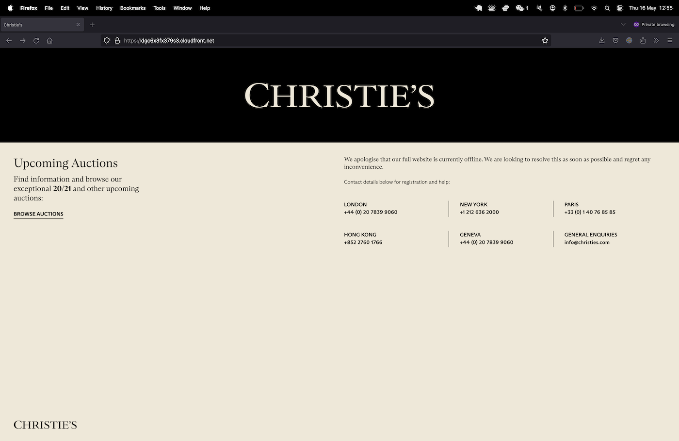 Christie's website during outage